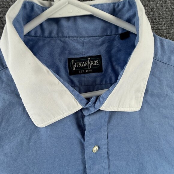 Gitman Bros Contrast Collar Cotton 18 36 Blue Men Shirt Solid Long Sleeve Pocket - Picture 9 of 13